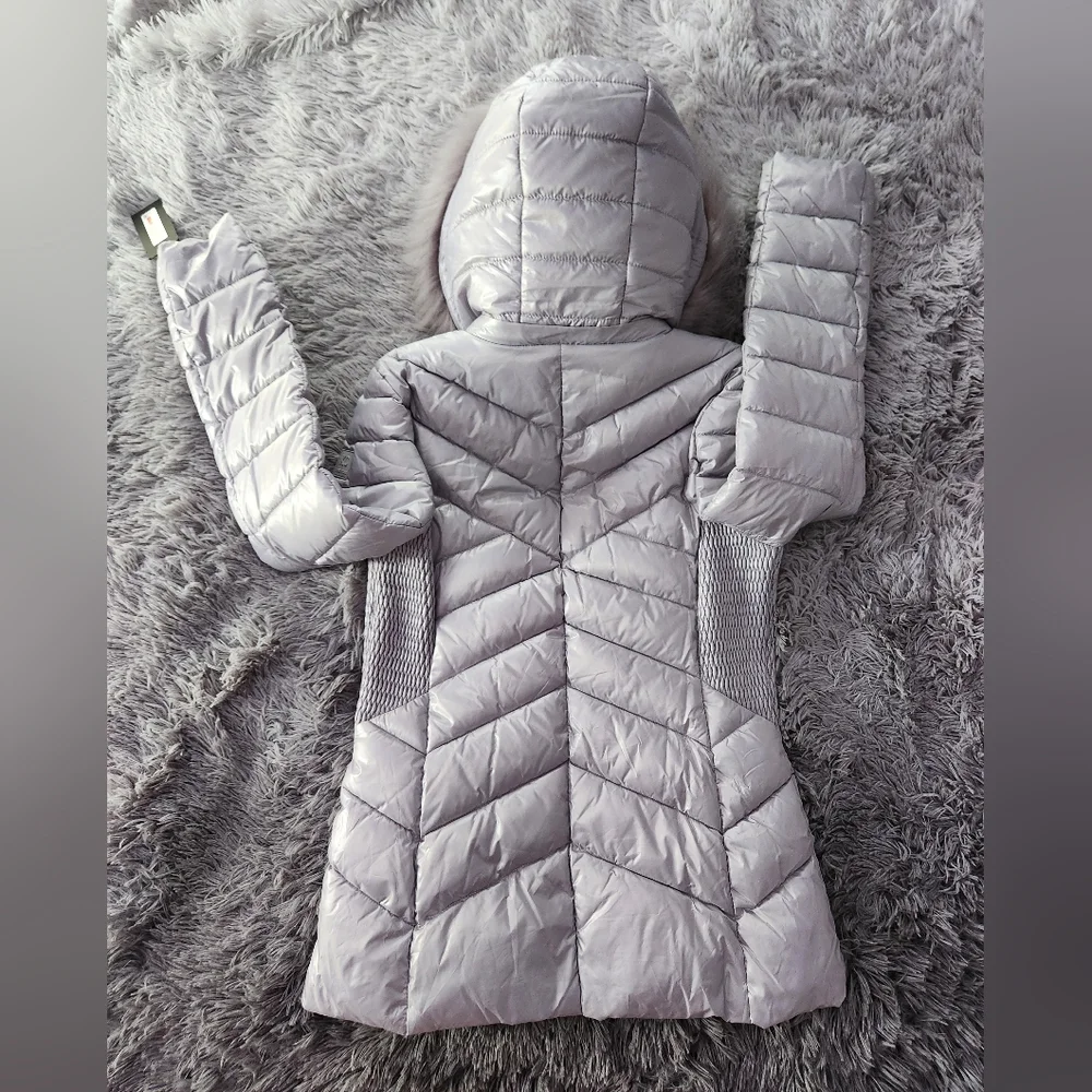 Silver Quilted Puffer Jacket with Faux Fur Hood